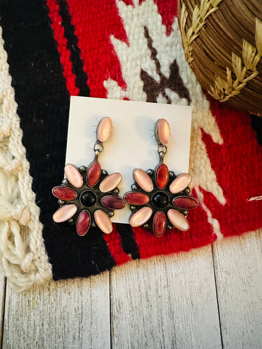 Handcrafted Mother of Pearl, Spiny, Onyx & Sterling Silver Dangle Earrings