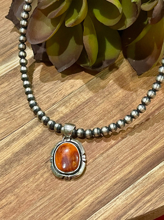 Navajo Sterling Silver & Orange Spiny Pendant