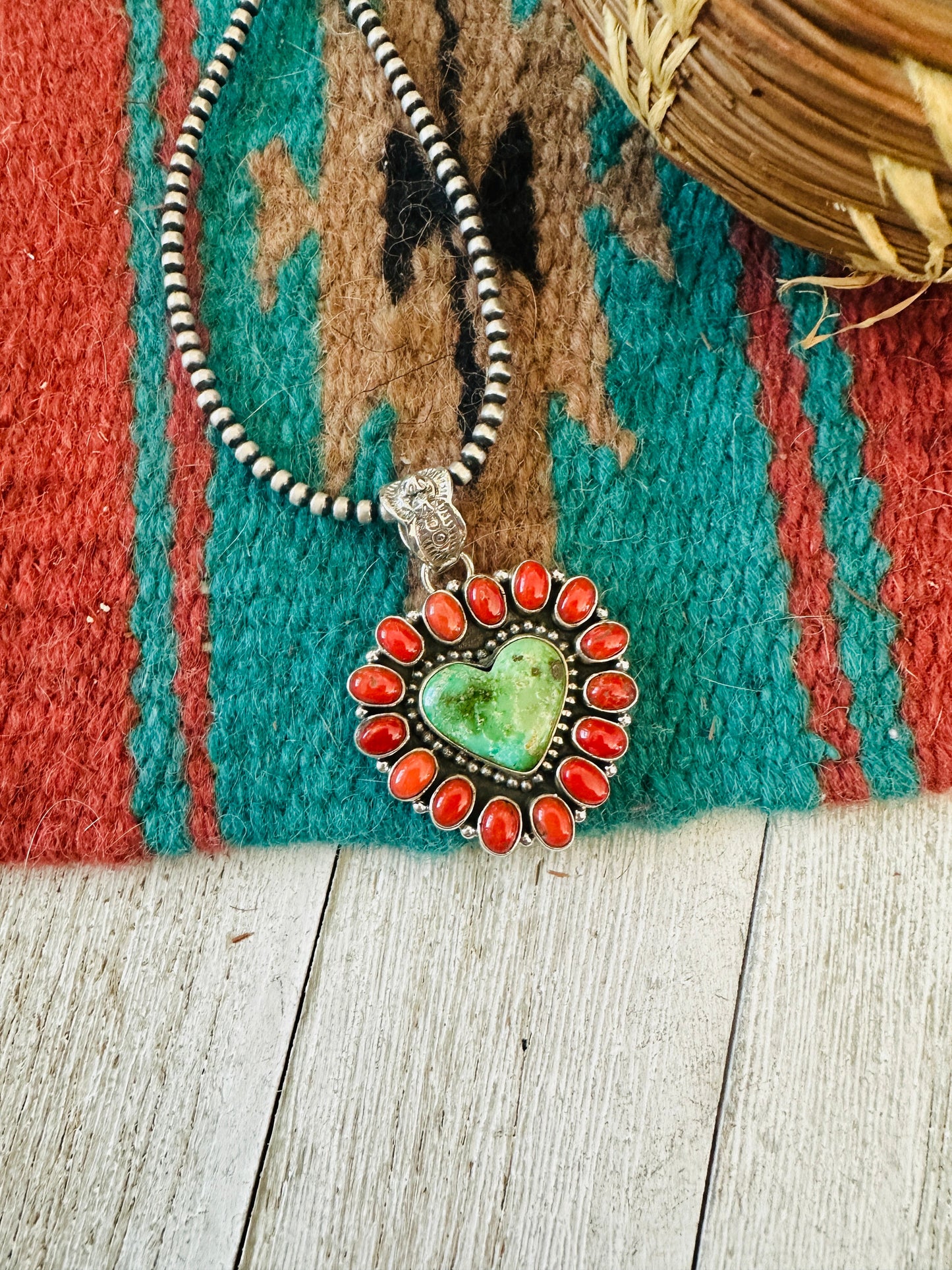 ** Christmas Collection ** Handmade Sterling Silver, Coral & Turquoise Heart Pendant Signed Nizhoni