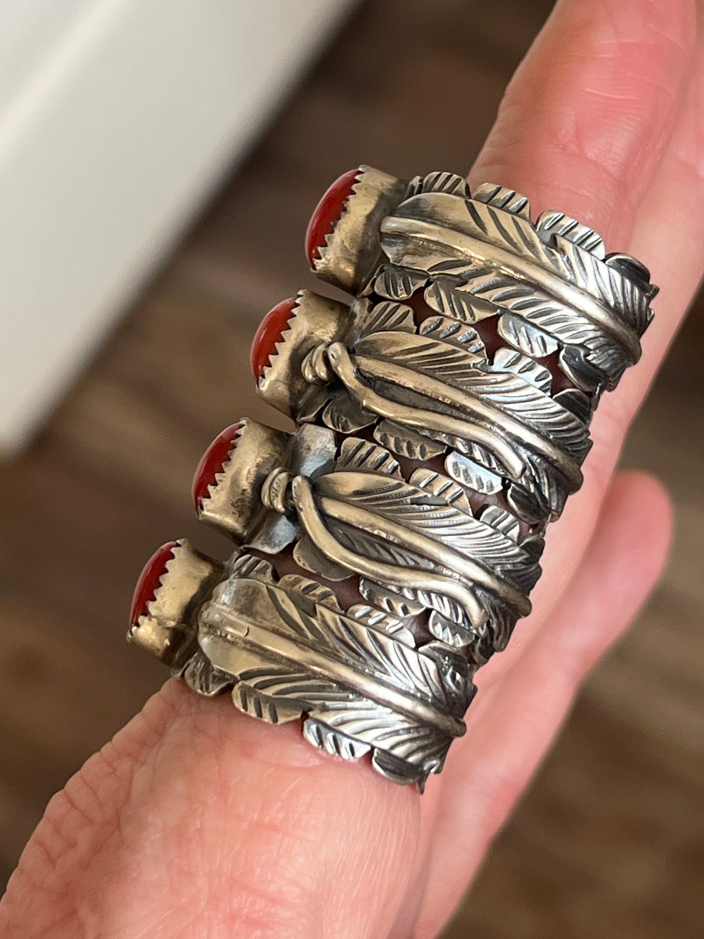 Handcrafted Sterling Silver Stout Feather Rings with Mediterranean Coral, Signed KM