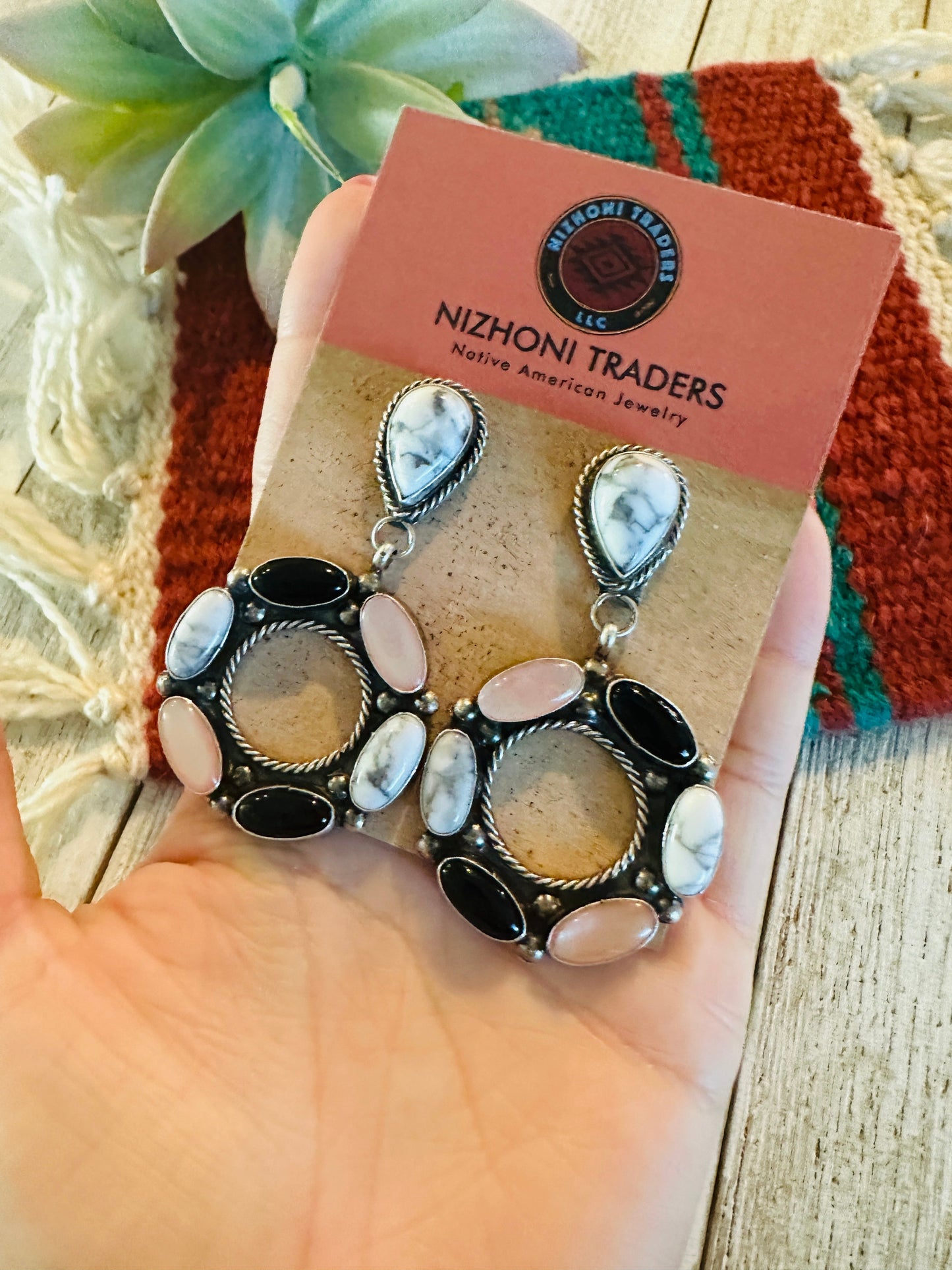 Handcrafted White Buffalo, Onyx, Mother of Pearl and Sterling Silver Dangle Earrings