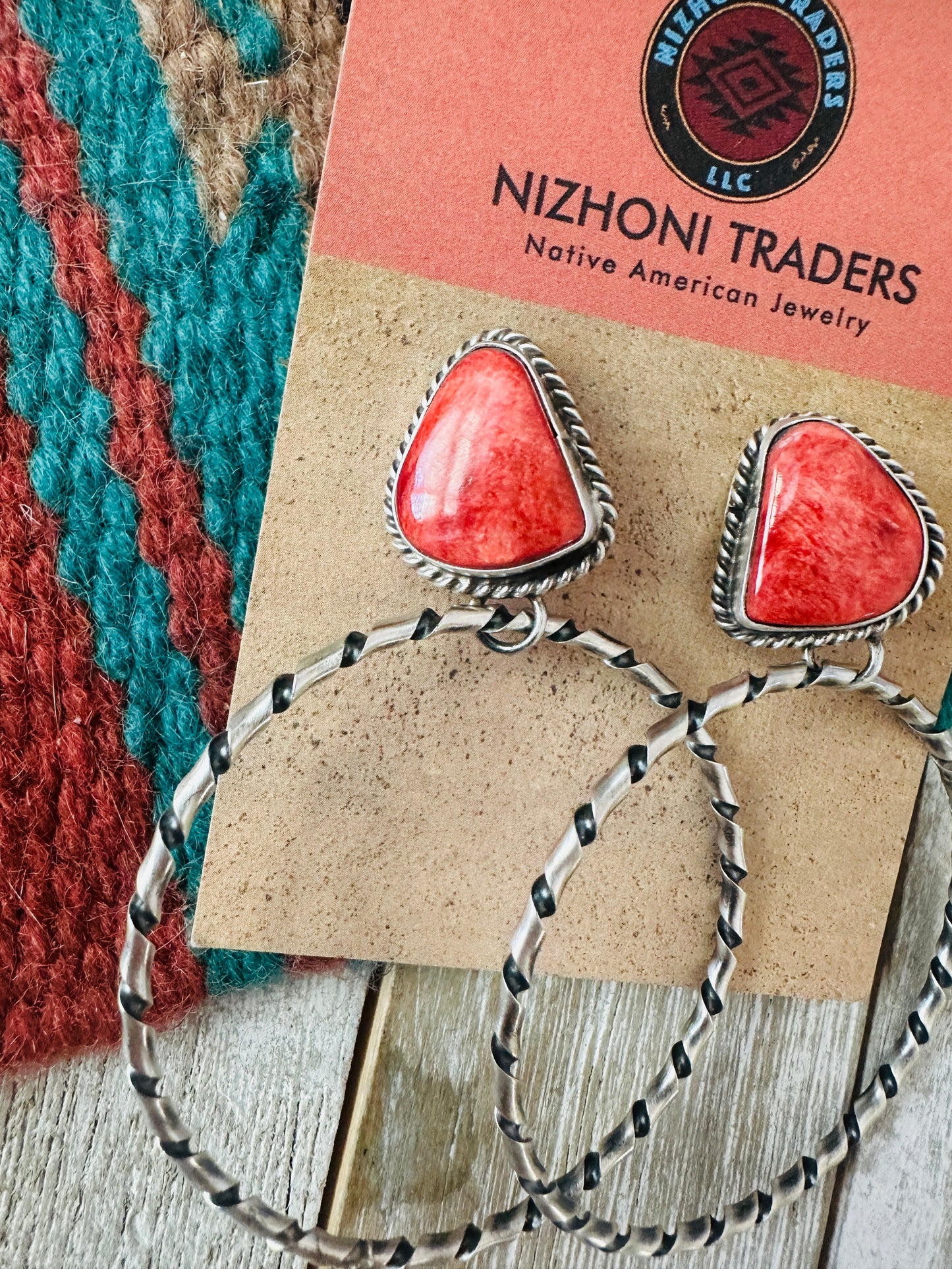 Handcrafted Orange Spiny and Sterling Silver Dangle Hoop Earrings