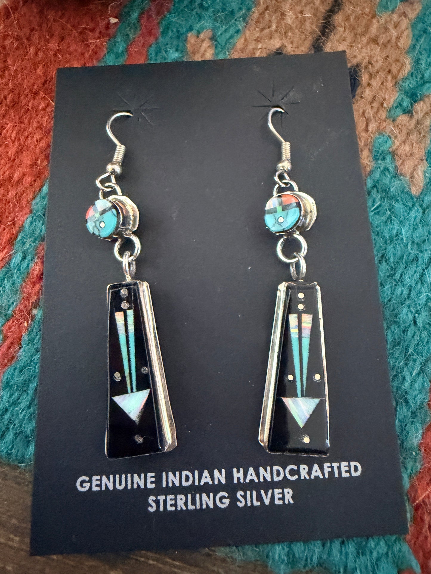 Handcrafted Multi Stone & Sterling Silver Inlay Sun Face Dangle Earrings