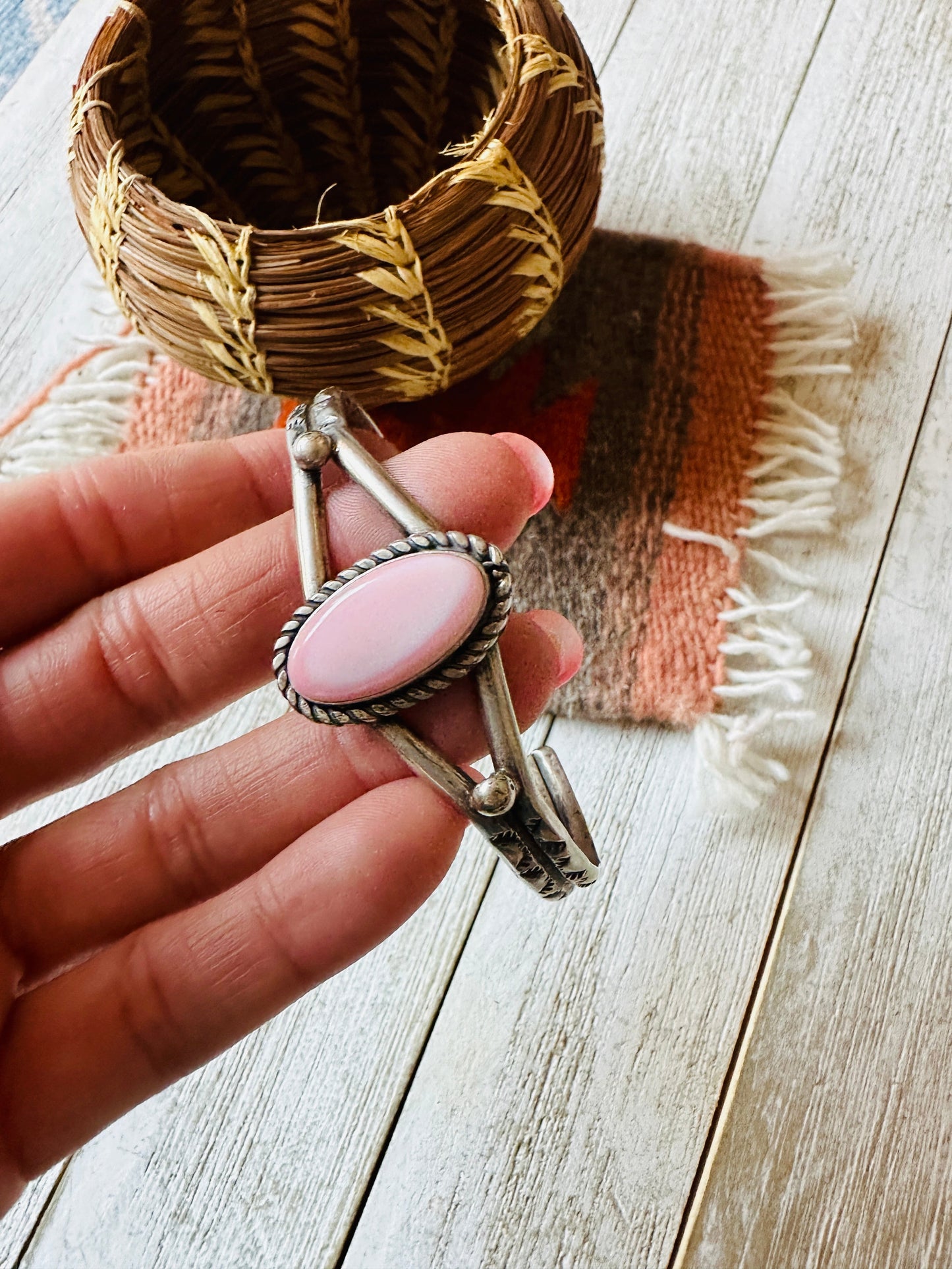 Handcrafted Queen Pink Conch Shell & Sterling Silver Cuff Bracelet