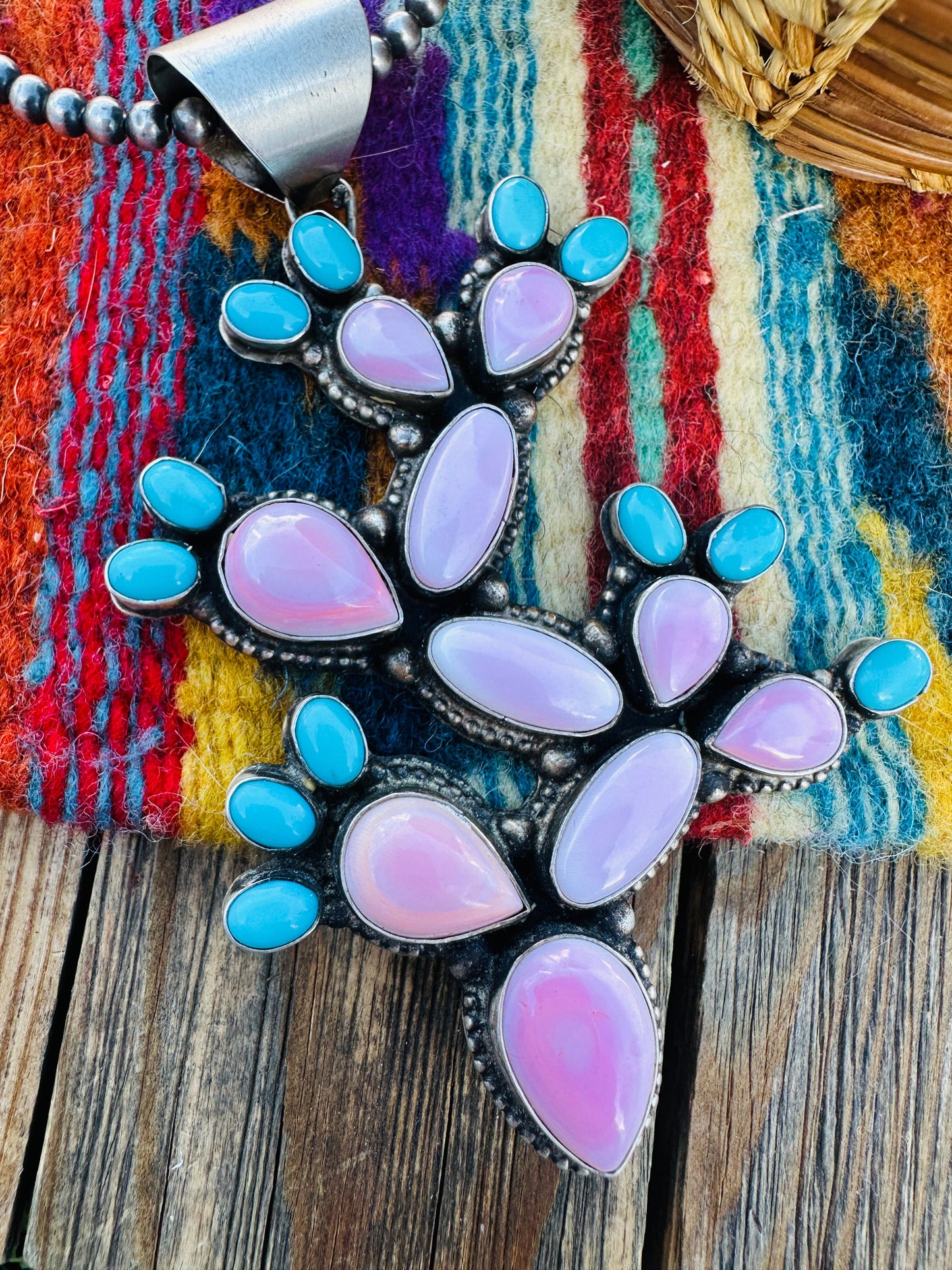 Handcrafted Sterling Silver, Turquoise & Queen Pink Conch Cactus Pendant by Shawn Cayatineto