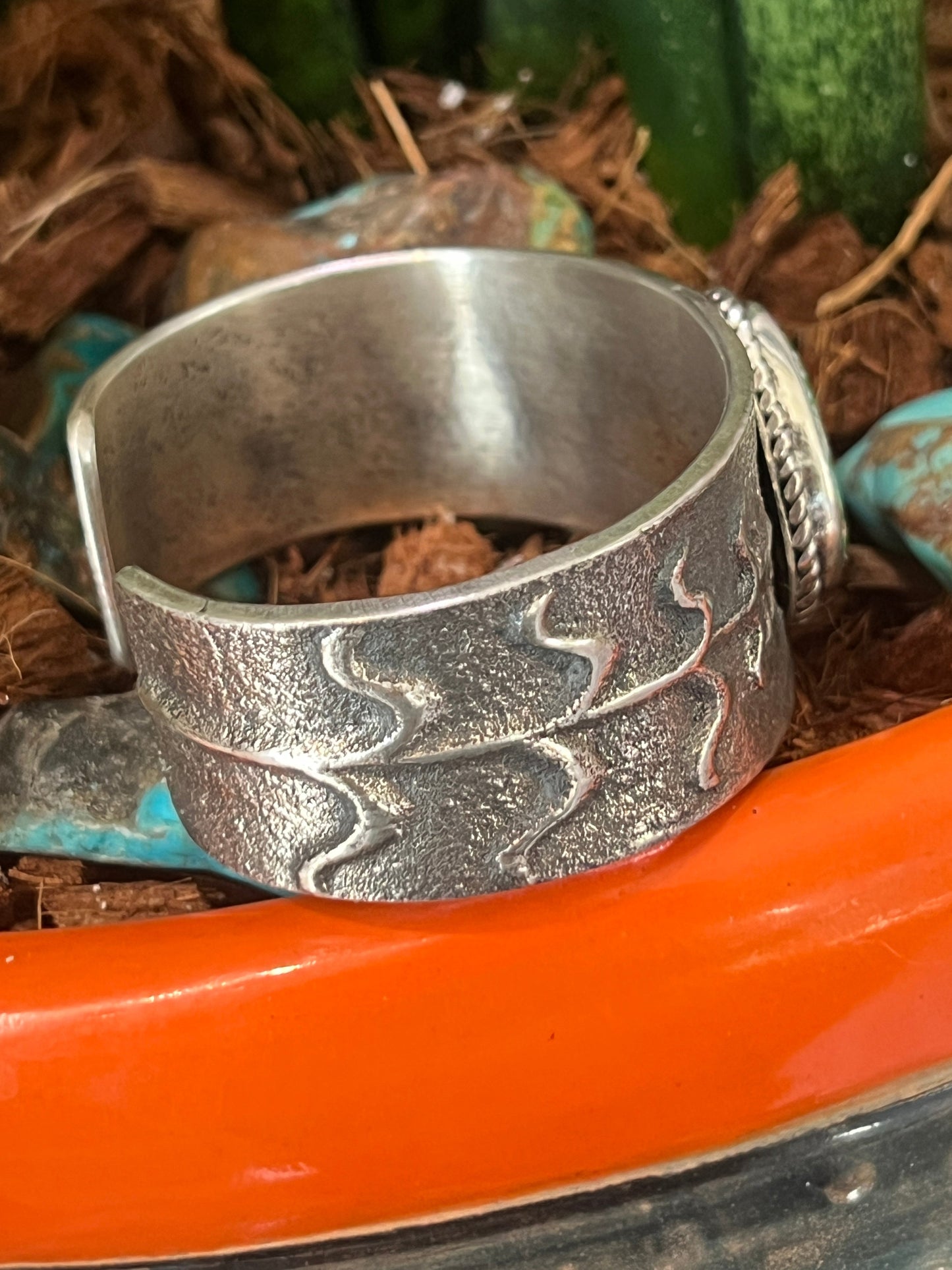 Handcrafted Sterling Silver Tufa Cast Corn Stalk Cuff with Sonoran Gold Turquoise by Gary Custer