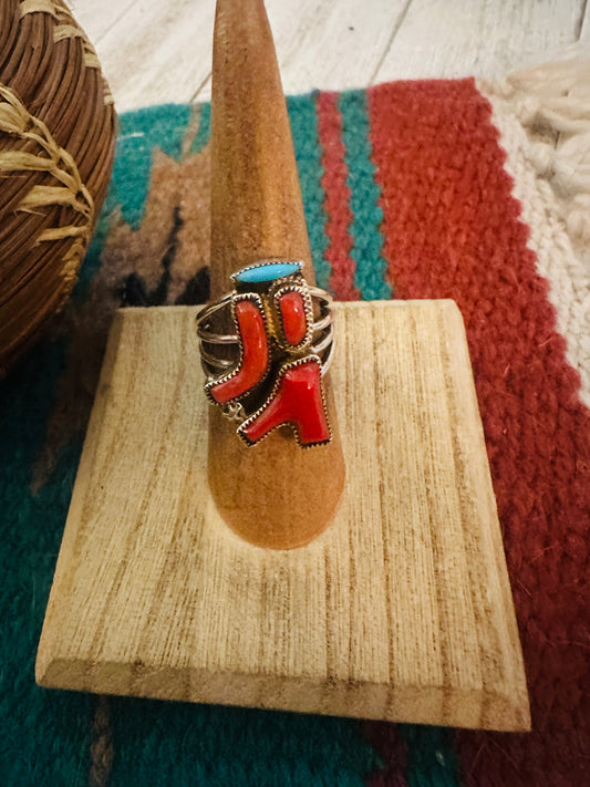 Zuni Coral, Turquoise & Sterling Silver Ring Size 6