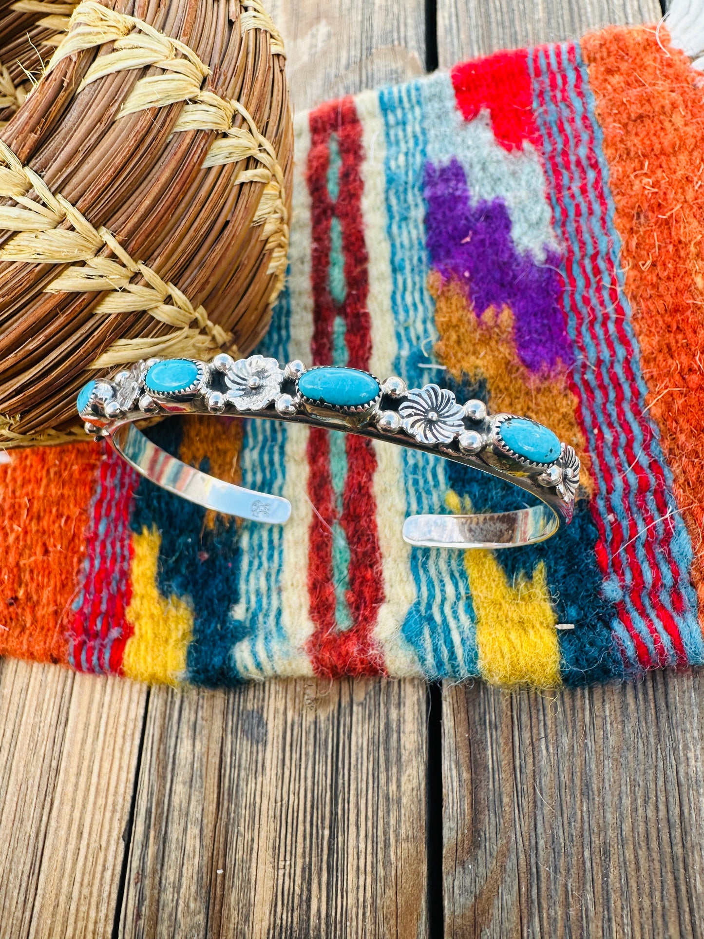 Handcrafted Turquoise & Sterling Silver Flower Stacker Cuff Bracelet
