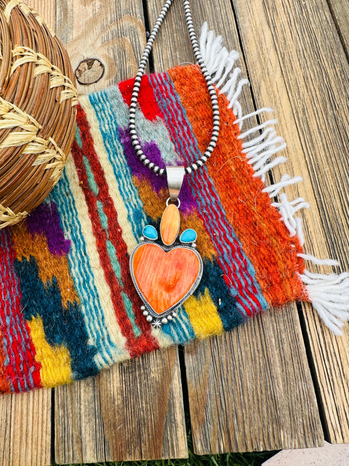 Handcrafted Spiny Oyster, Turquoise & Sterling Silver Heart Pendant