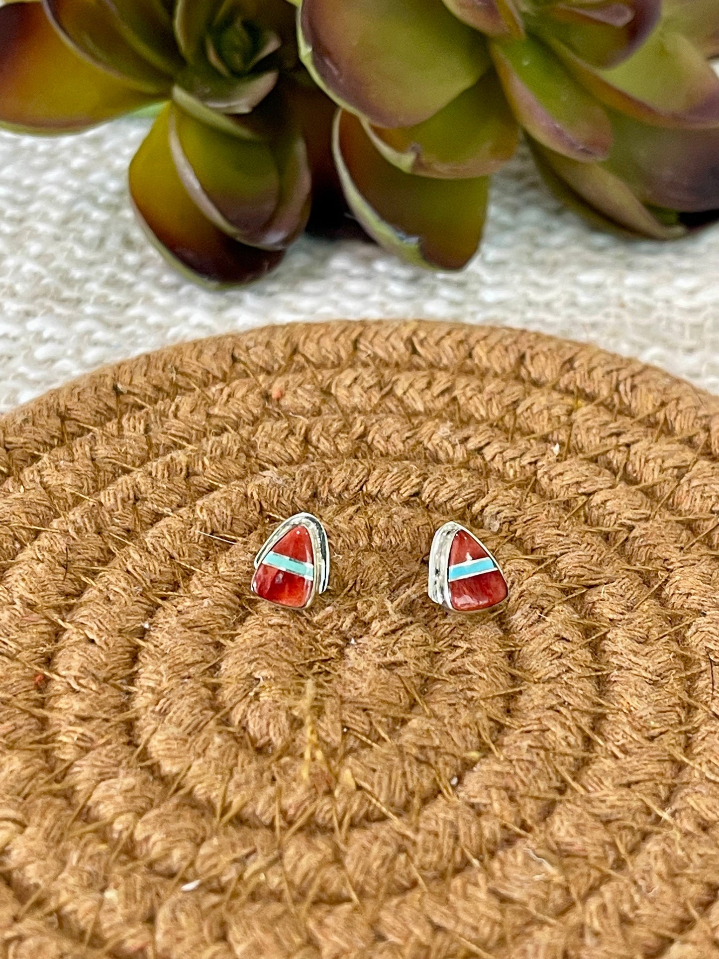 Gorgeous Handmade Sterling Silver, Red Spiny & Turquoise Inlay Stud Earrings
