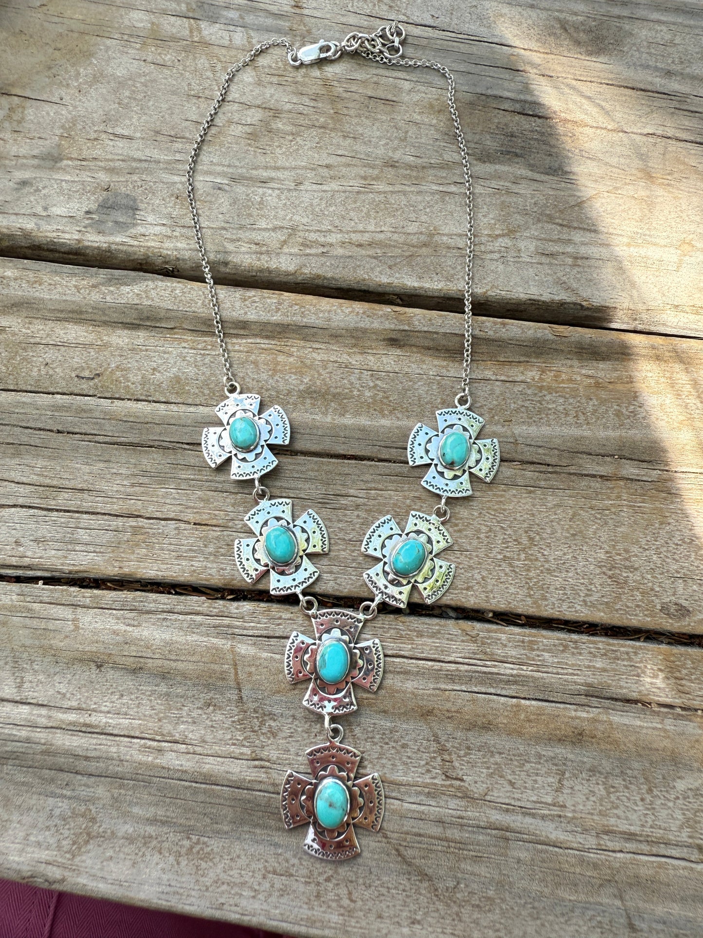 Handmade Sterling Silver & Kingman Turquoise Cross Lariat Necklace