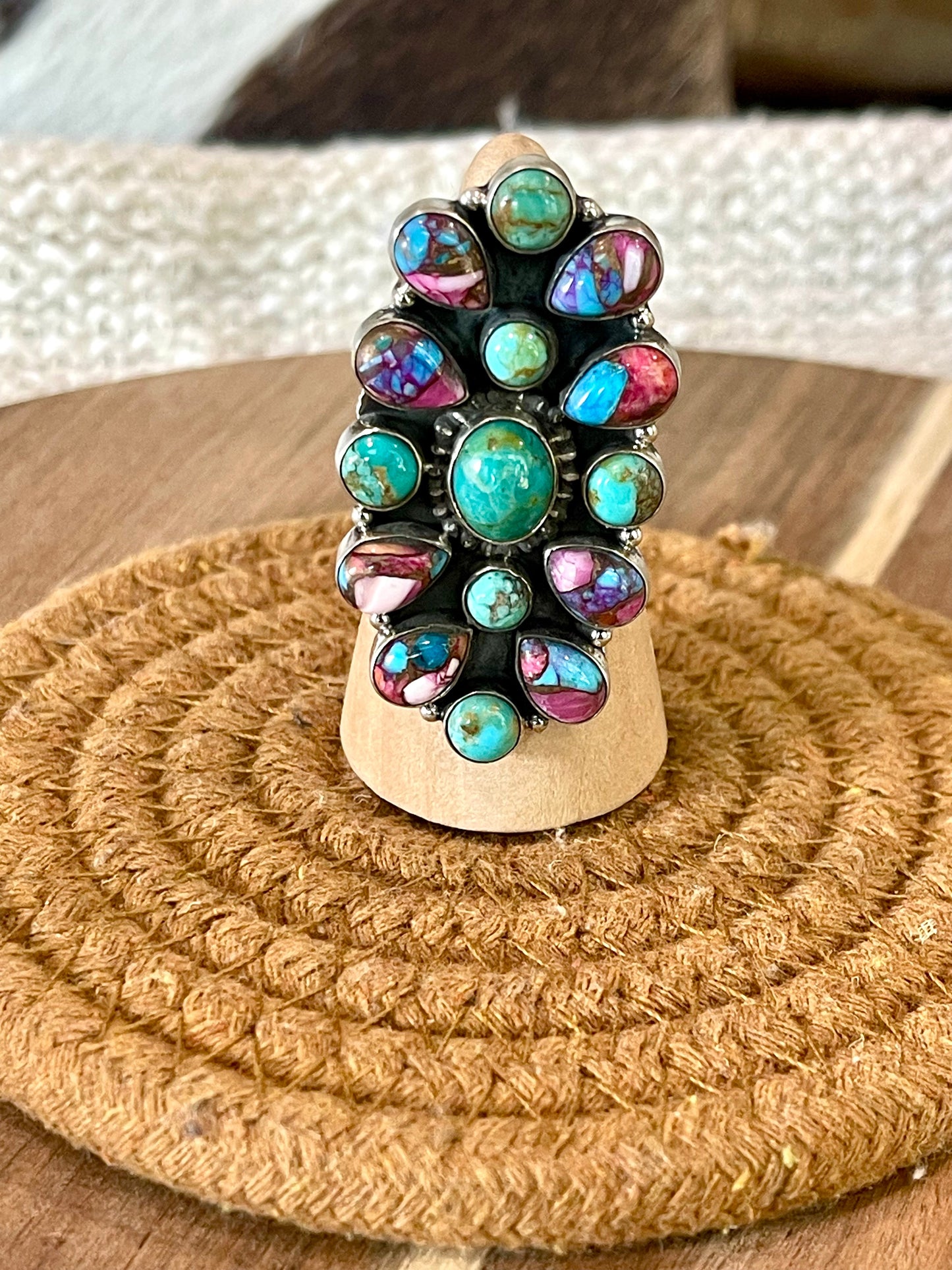 Handcrafted Sterling Silver & Multi Stone Adjustable Cluster Ring
