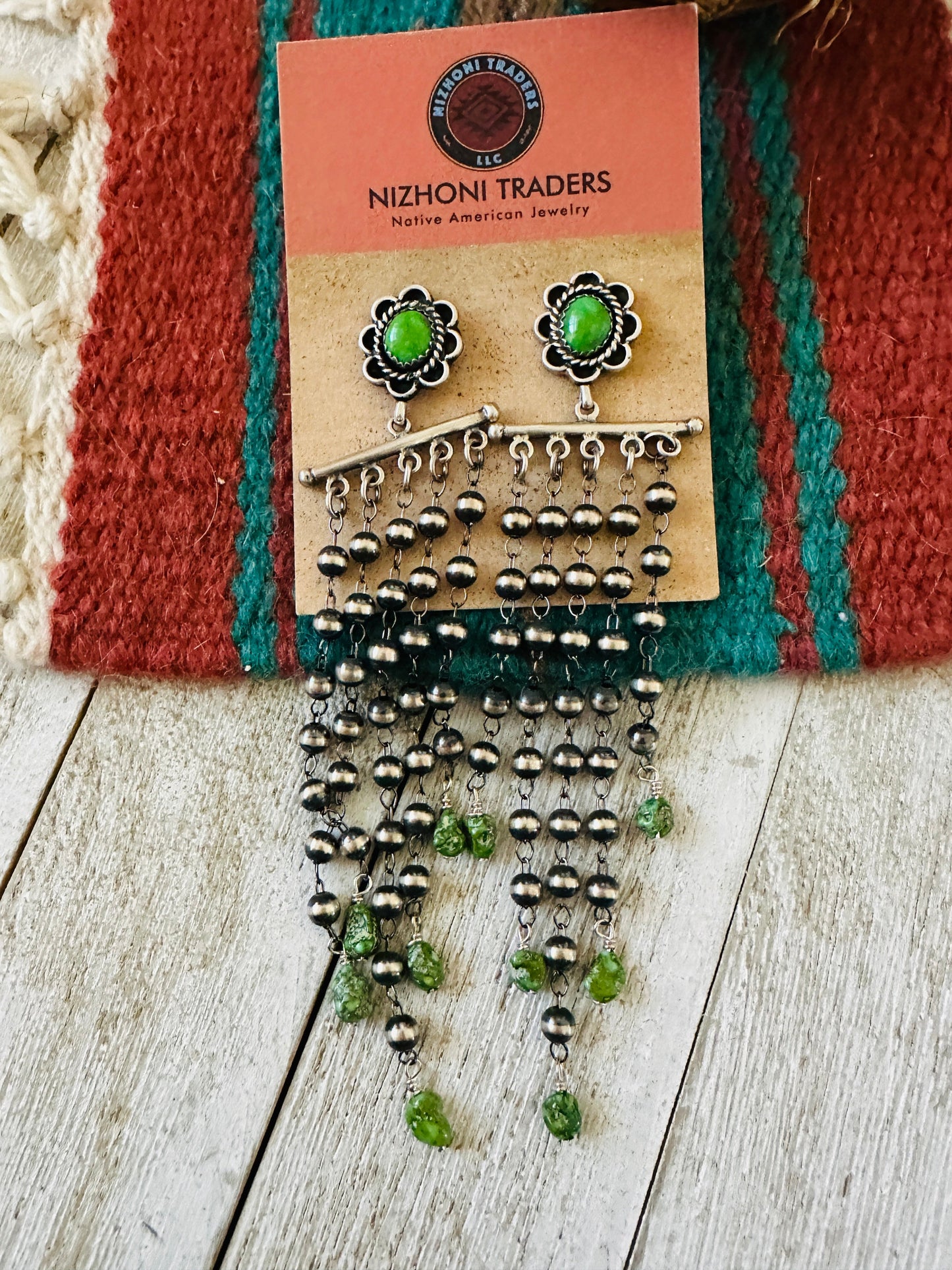 Handcrafted Green Turquoise & Sterling Silver Pearl Beaded Tassel Dangle Earrings