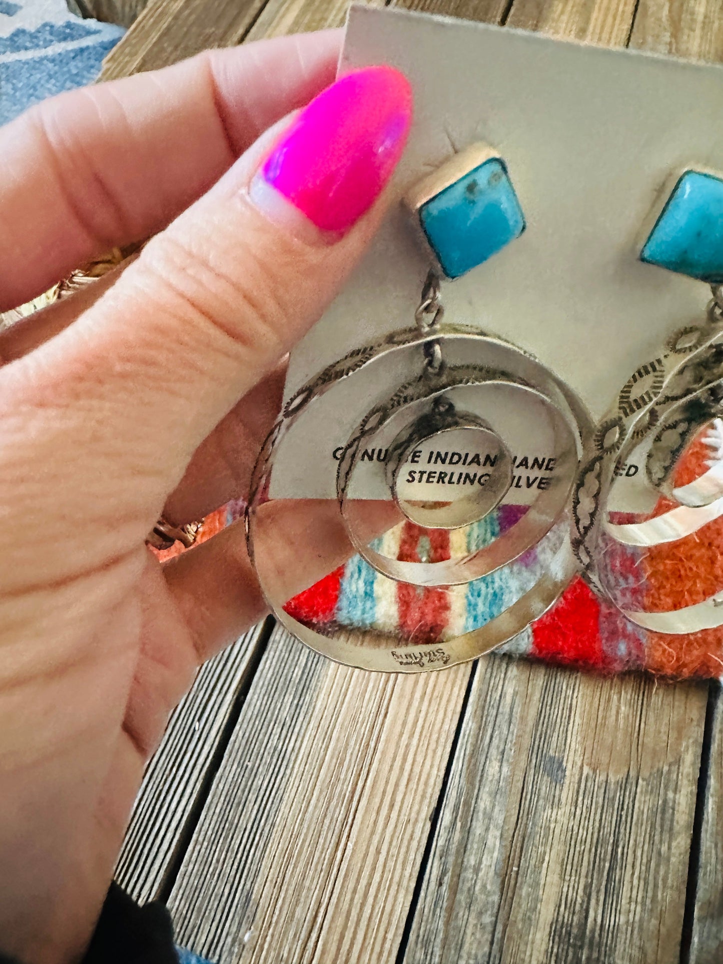 Handcrafted Turquoise & Sterling Silver Dangle Hoop Earrings by Leroy James