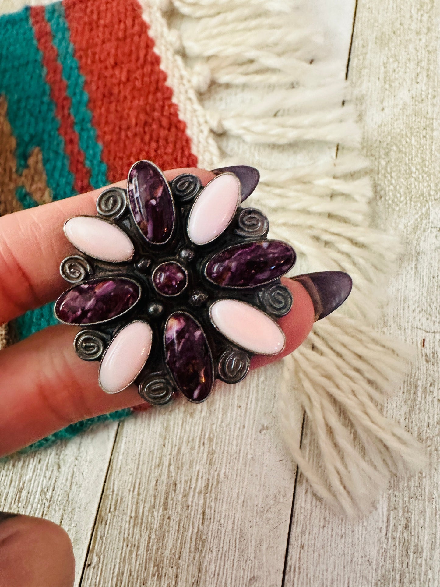 Handcrafted Queen Pink Conch, Purple Spiny & Sterling Silver Adjustable Ring by Jacqueline Silver