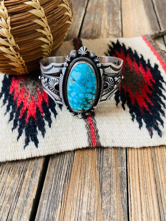 Handcrafted Kingman Web Turquoise & Sterling Silver Cuff Bracelet By Aaron Toadlena