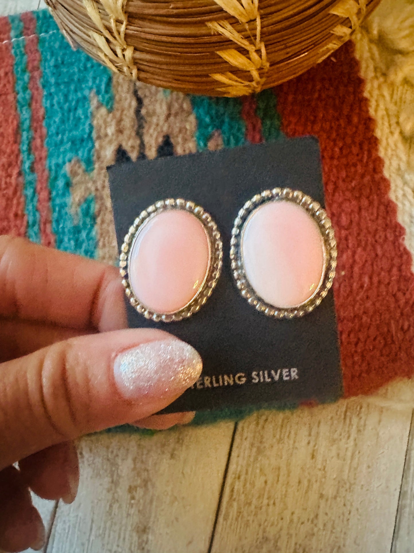 Handcrafted Sterling Silver & Queen Pink Conch Oval Post Earrings