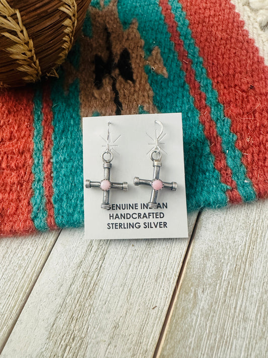 Handcrafted Sterling Silver & Queen Pink Conch Cross Dangle Earrings