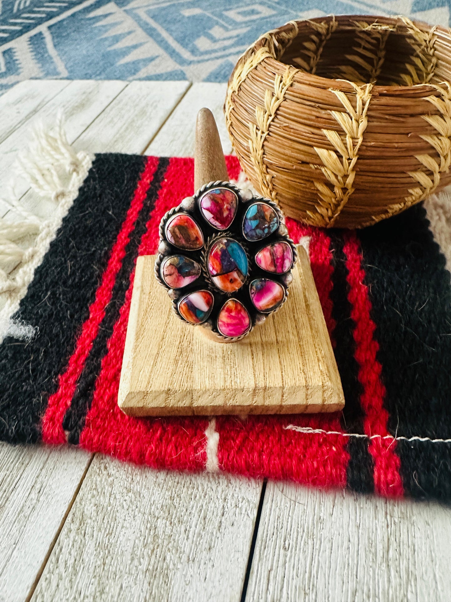 Handcrafted Sterling Silver & Pink Dream Mojave Cluster Adjustable Ring