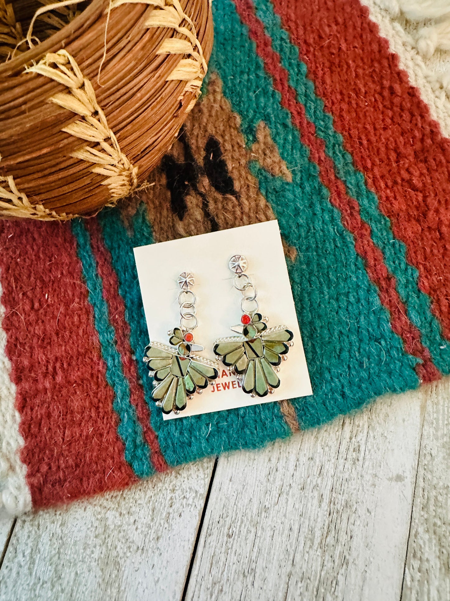 Handcrafted Multi Stone & Sterling Silver Inlay Thunderbird Dangle Earrings