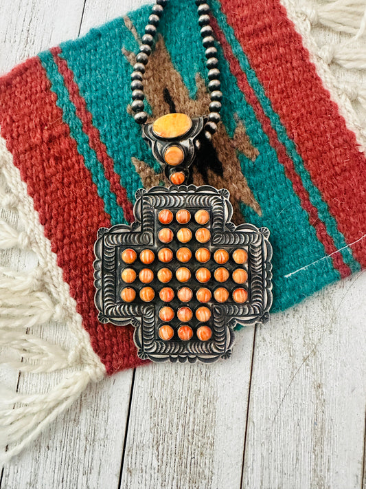 Handcrafted Sterling Silver & Orange Spiny Cross Pendant by Shawn Cayatineto