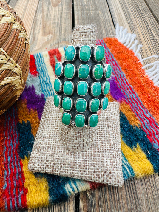Handcrafted Turquoise & Sterling Silver Cluster Ring Size 7