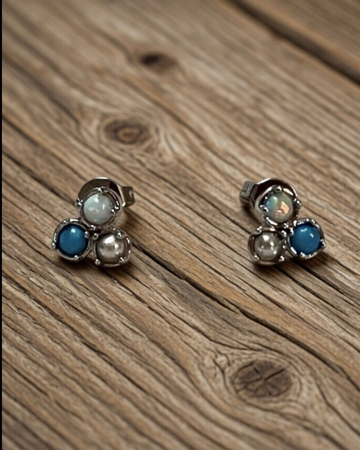 Bermuda Opal, Pearl & Turquoise Triple Stud Earrings