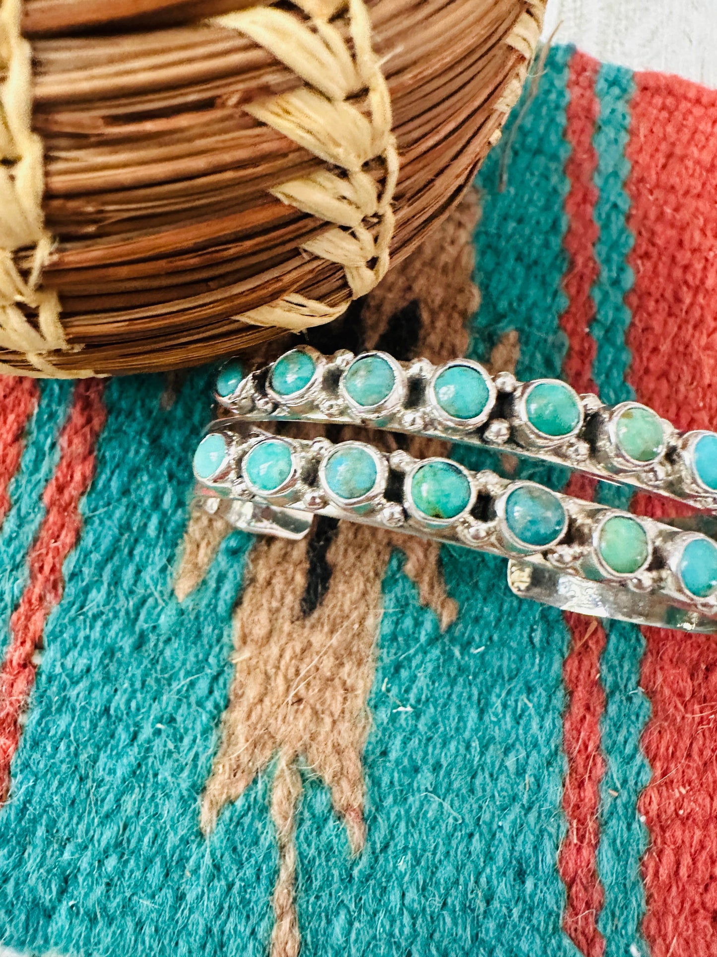 Handcrafted Sterling Silver & Turquoise Two Row Cuff Bracelet /