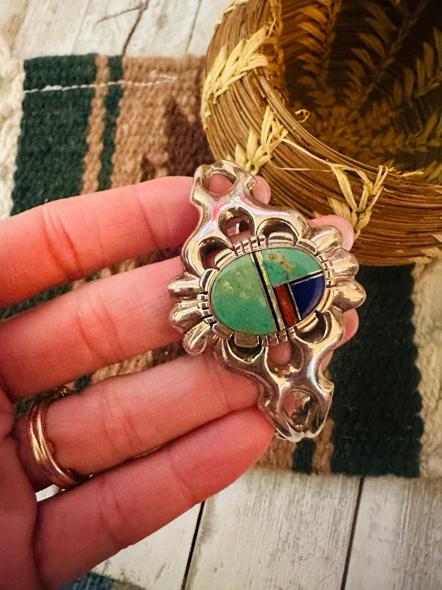 Handcrafted Old Pawn Multi Stone & Sterling Silver Inlay Cuff Bracelet