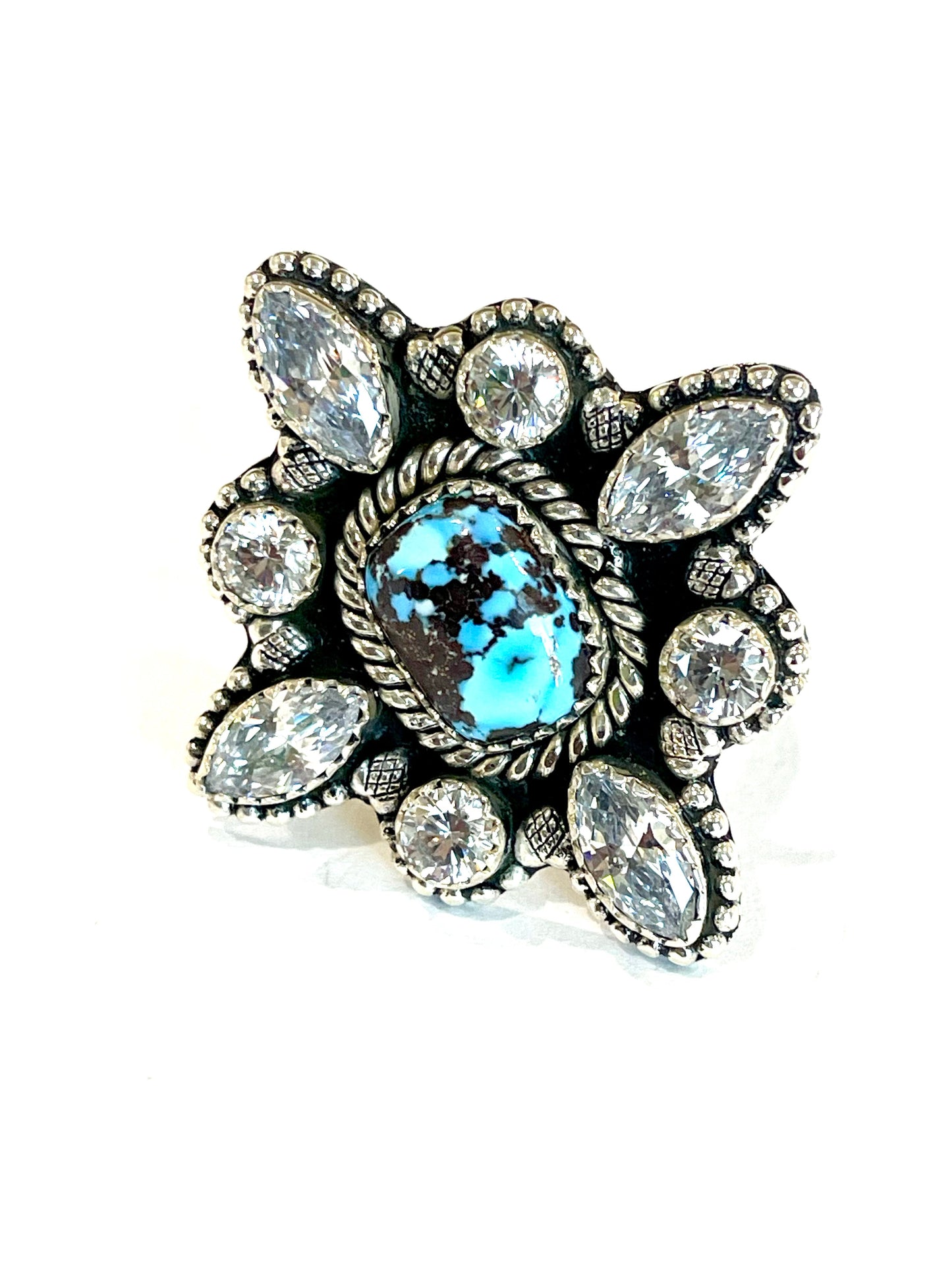 Beautiful Handmade Golden Hills Turquoise, Cubic Zirconia And Sterling Silver Adjustable Cluster Ring