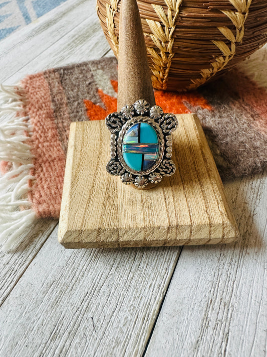 Handcrafted Sterling Silver & Multi Stone Inlay Ring Size 10