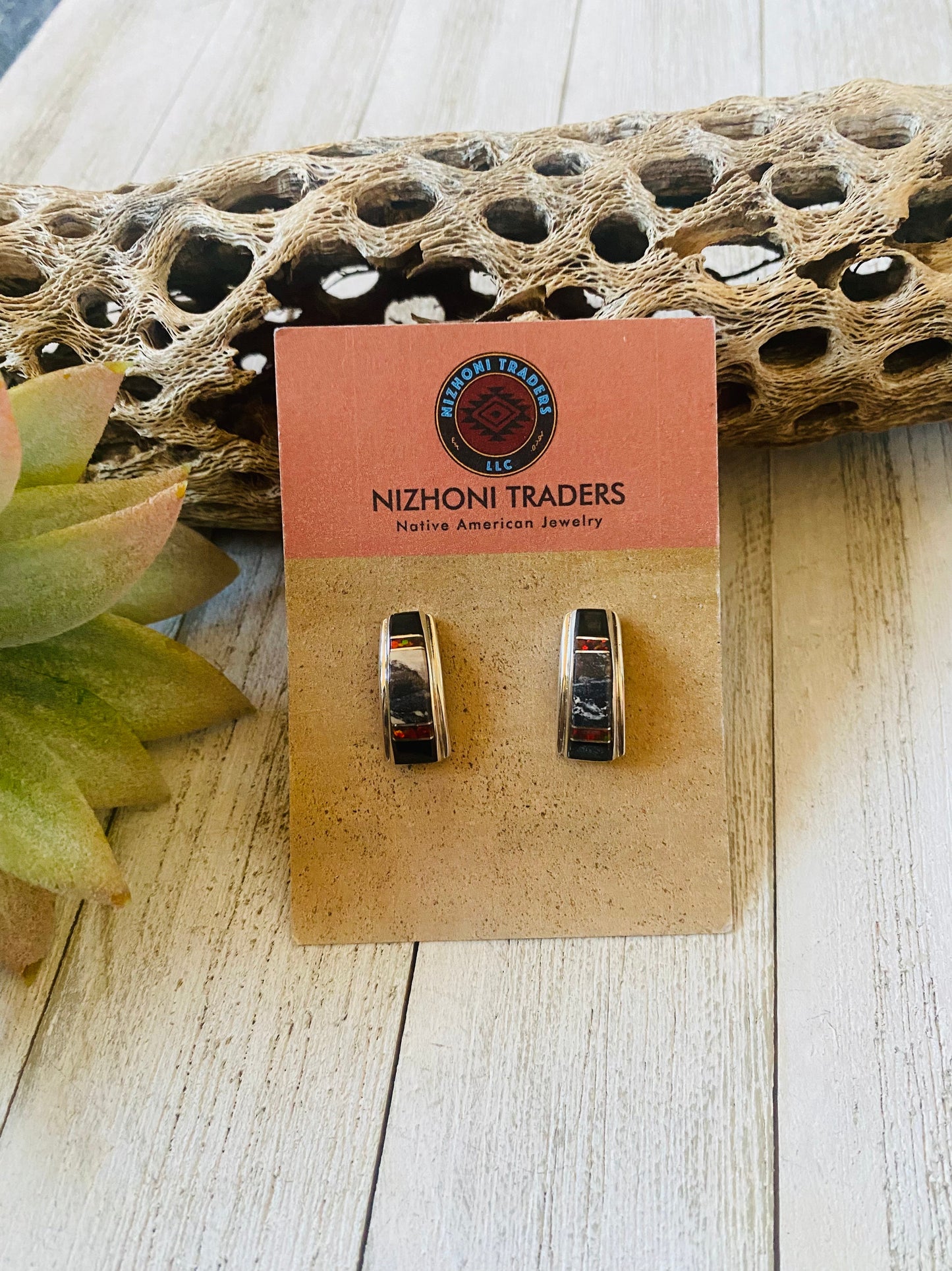 Handcrafted Multi Stone & Sterling Silver Inlay Dangle Earrings Signed