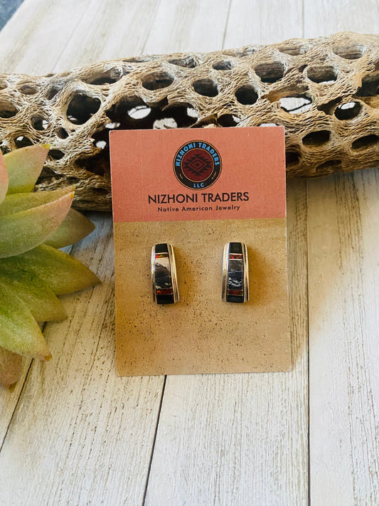Handcrafted Multi Stone & Sterling Silver Inlay Dangle Earrings Signed