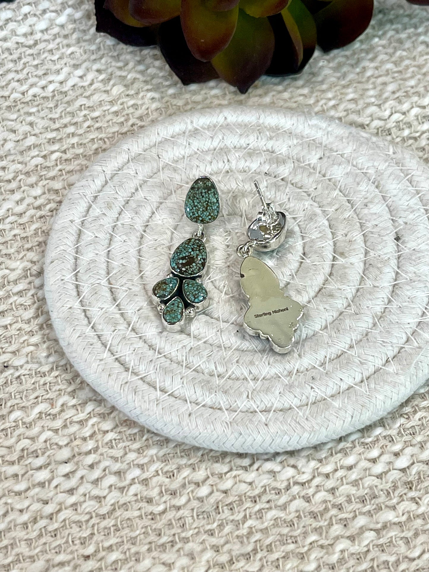 Handmade Sterling Silver Number 8 Turquoise Post Dangle Earrings with Signed Nizhoni