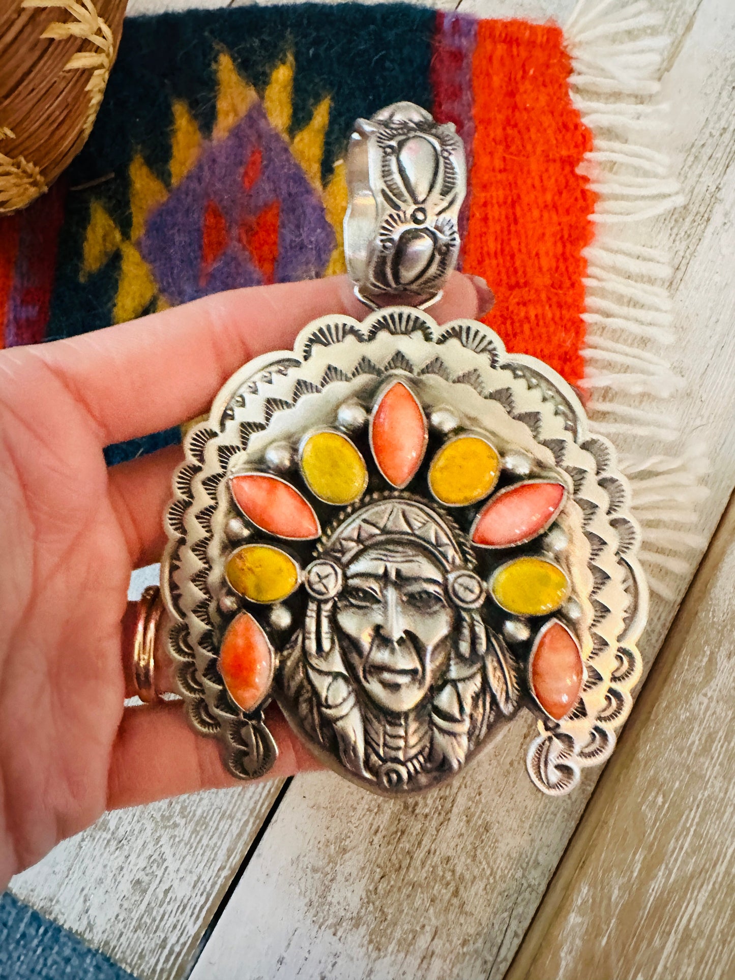 Handcrafted Spiny, Jasper & Sterling Silver Indian Chief Pendant
