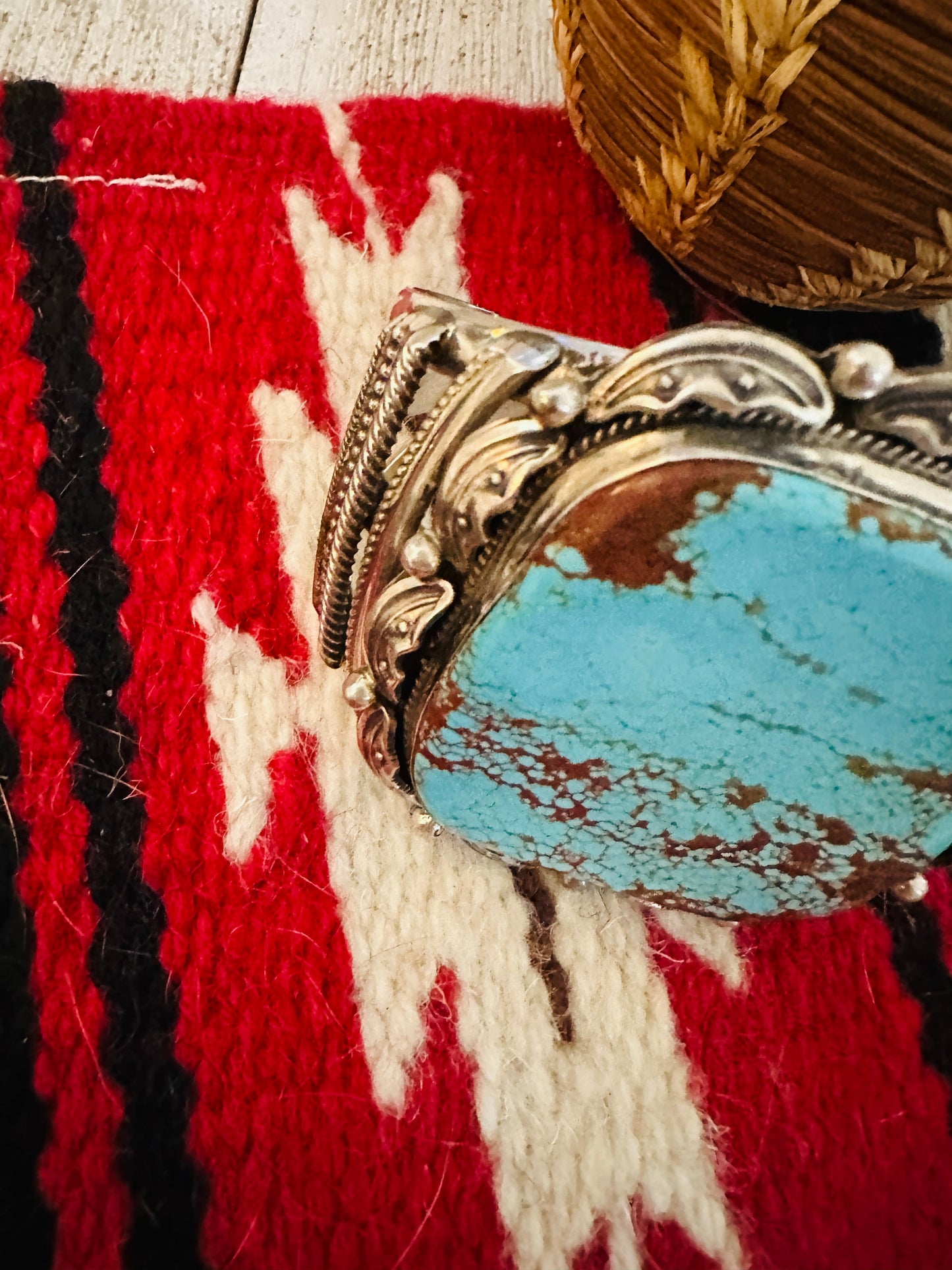 Vintage Old Pawn Handcrafted Sterling Silver & Number 8 Turquoise Cuff Bracelet