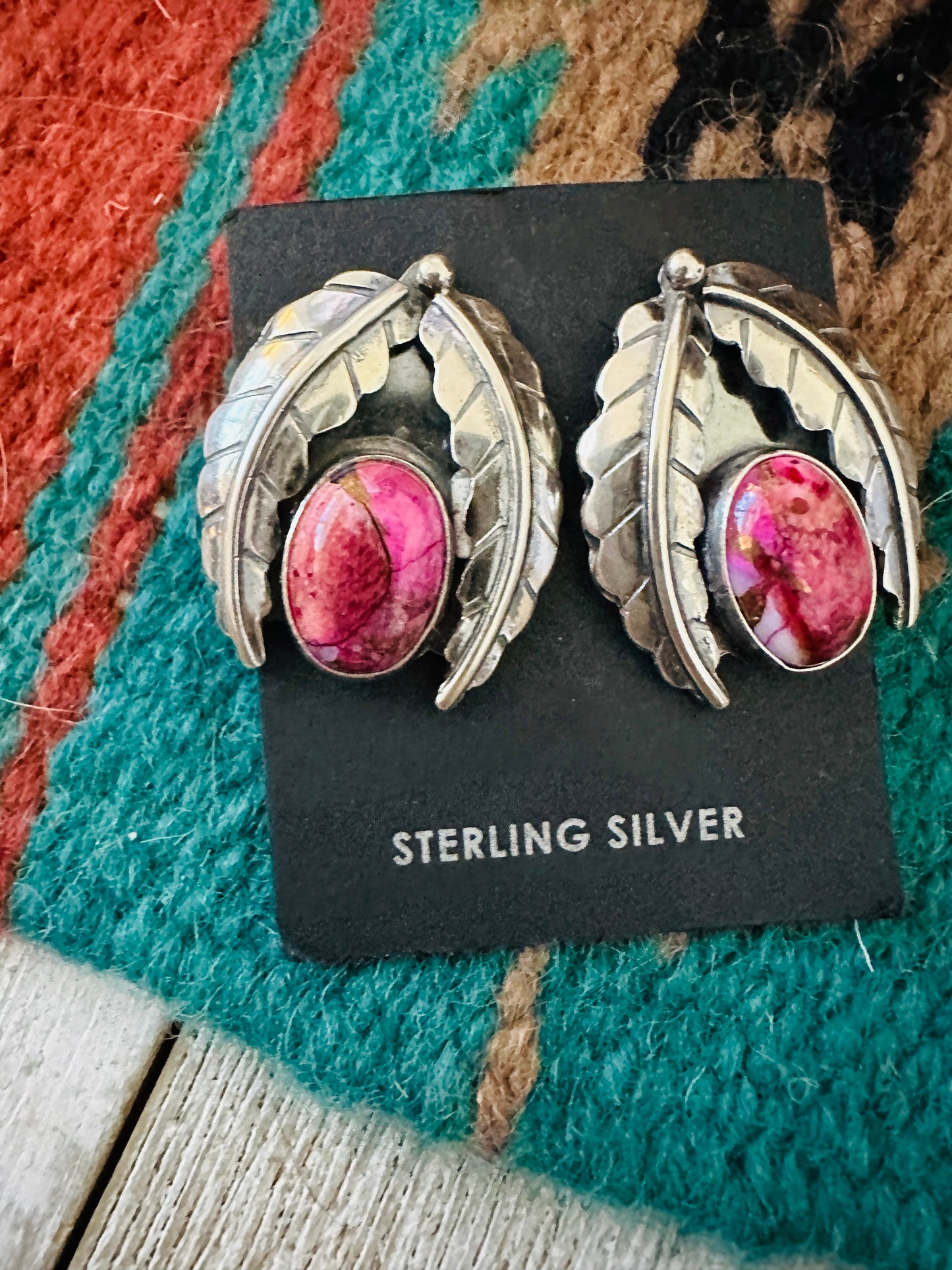 Handcrafted Pink Mojave & Sterling Silver Leaf Post Earrings