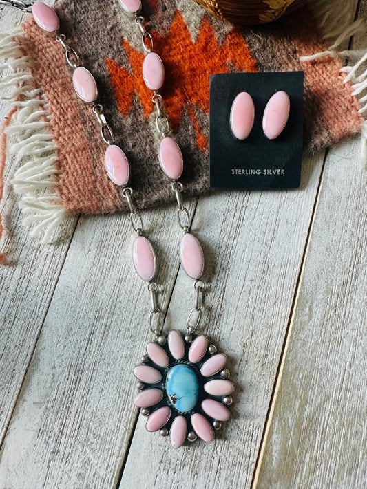 Handcrafted Queen Pink Conch, Turquoise & Sterling Silver Cluster Necklace Set
