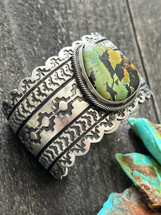 Handcrafted Hand Stamped Sterling Silver and Blackjack Turquoise Cuff Bracelet by Randy Boyd