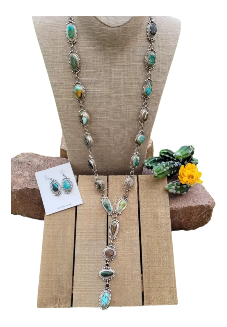Handcrafted Sterling Silver & Multi Turquoise Lariat Necklace Set by Kee Johnson