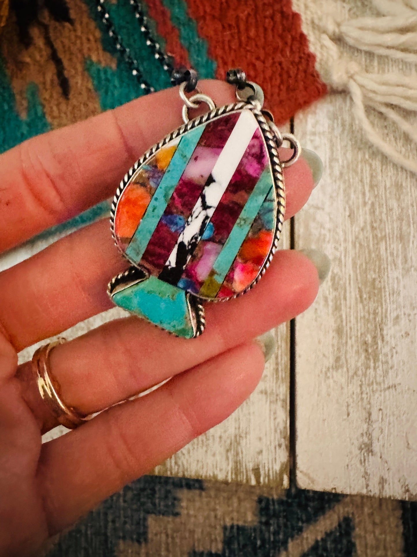 Handcrafted Sterling Silver & Multi Stone Inlay Spade Necklace