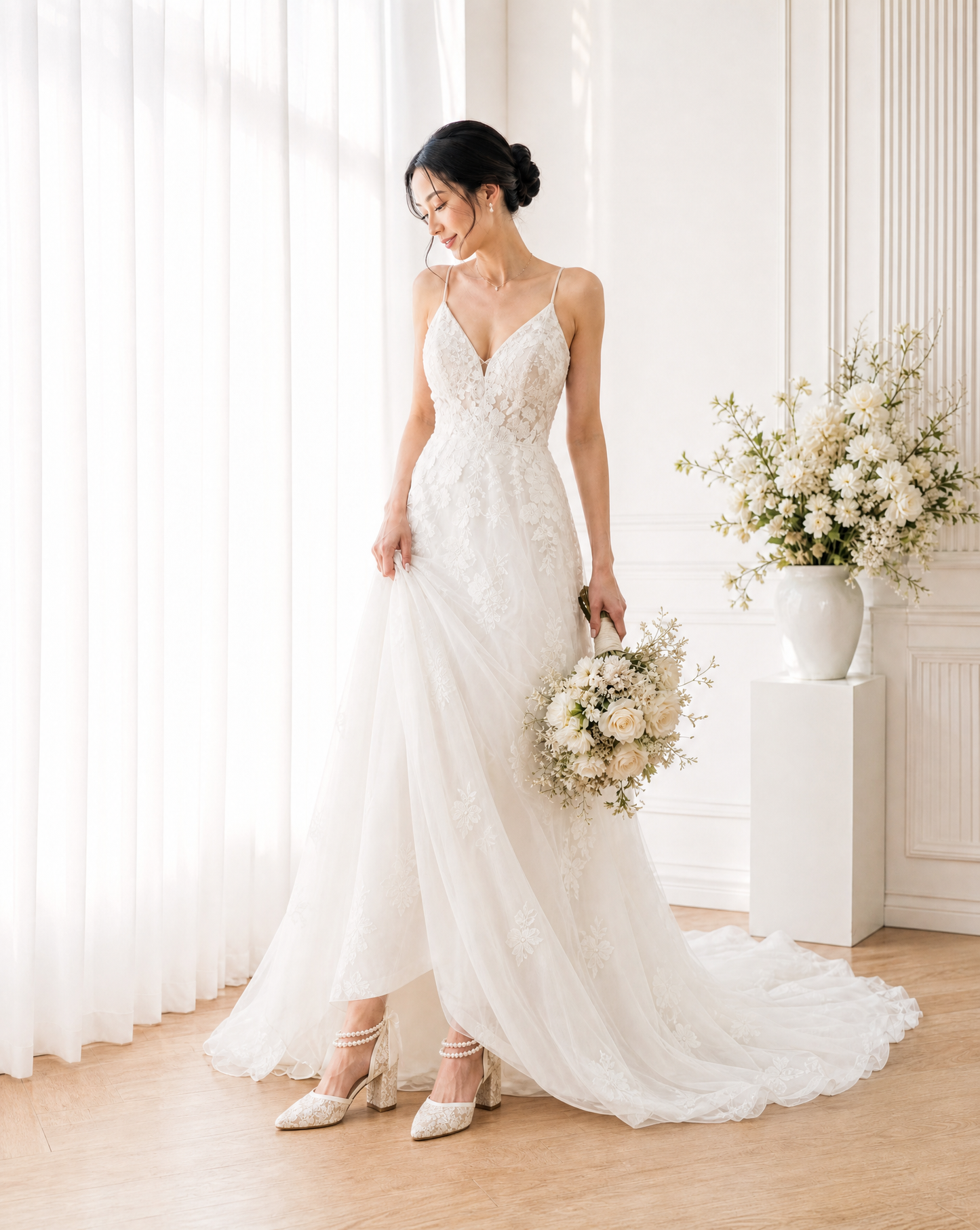 Lace Block Heel For Weddings with Double Pearls Ankle Strap