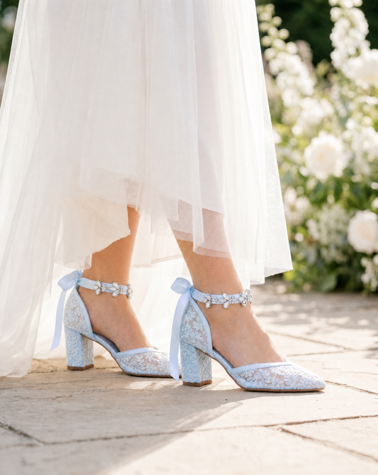 Lace Block Heel For Weddings with Navette Cluster Rhinestones Strap