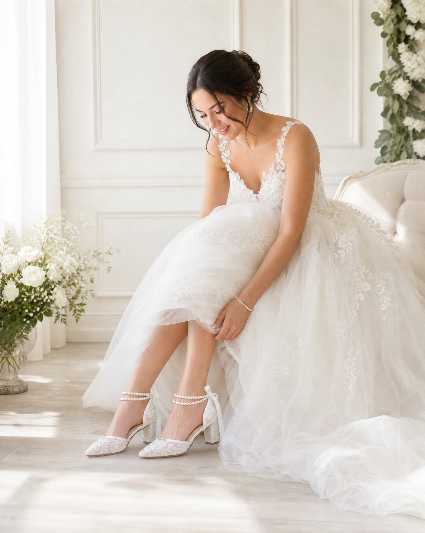 Lace Block Heel For Weddings with Double Pearls Ankle Strap