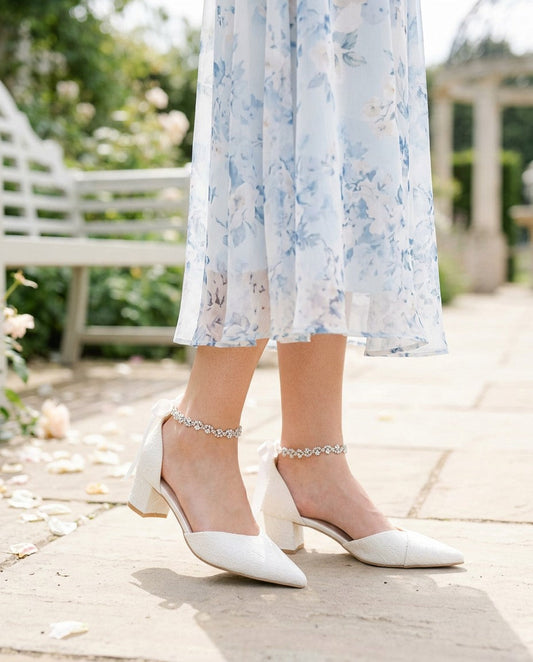 Lace Pointy Toe Low Block Heels Wedding Shoes with Amaryllis Strap
