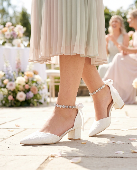 Lace Pointy Toe Low Block Heels Wedding Shoes with Amaryllis Strap