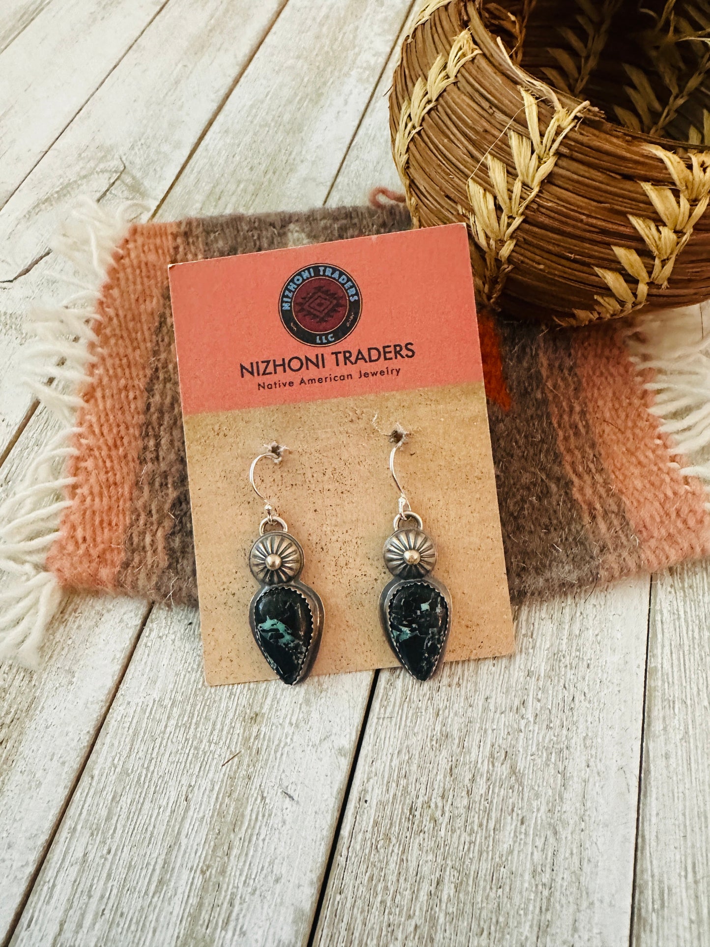 Handcrafted Sterling Silver & Blackjack Turquoise Dangle Earrings