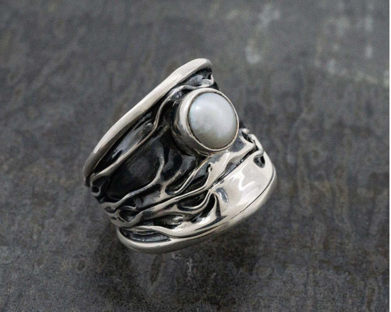 Corrugated Sterling Silver Ring w/ Pearl Cabochon