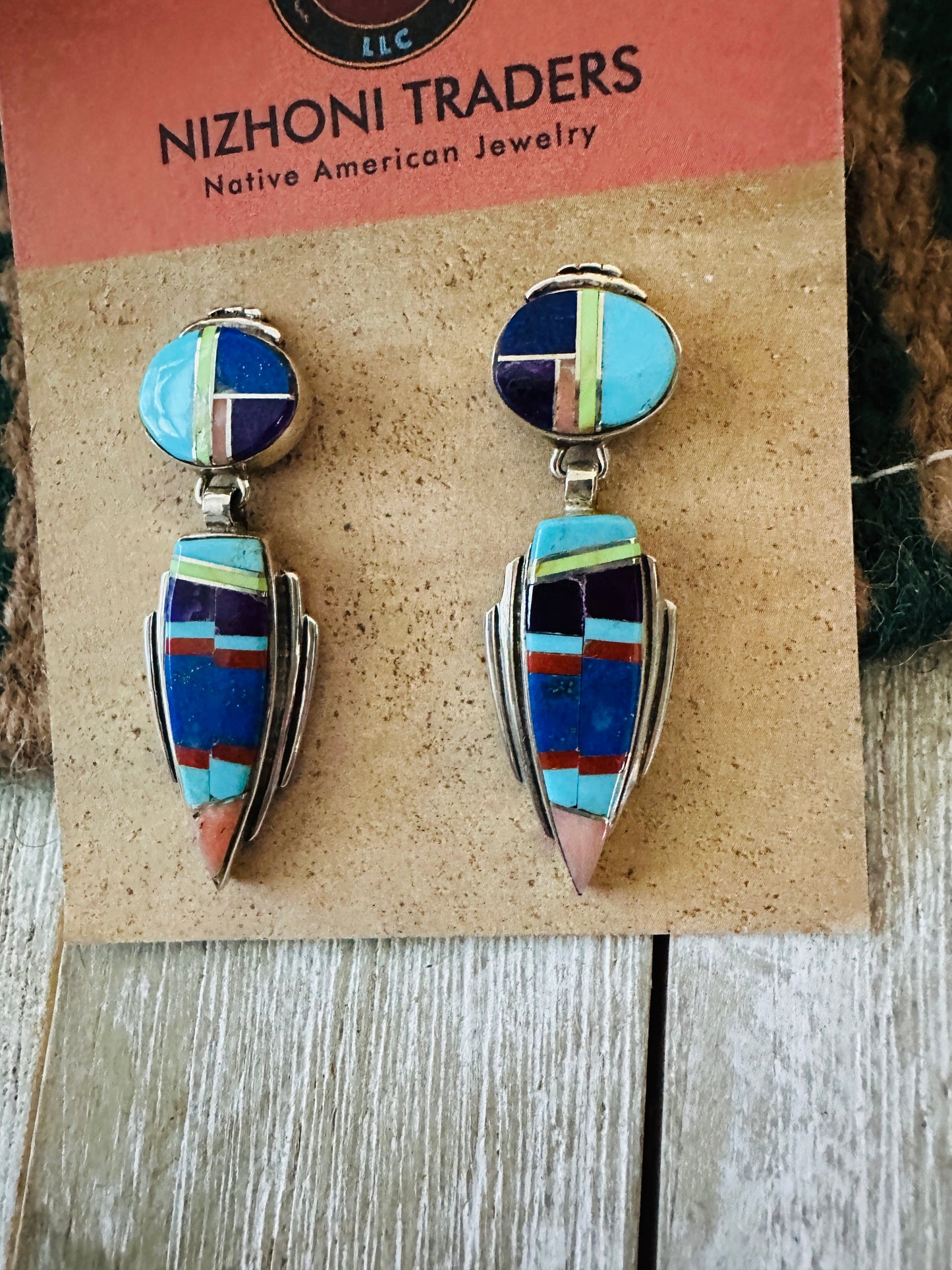 Old Pawn Handcrafted Sterling Silver & Multi Stone Inlay Dangle Earrings