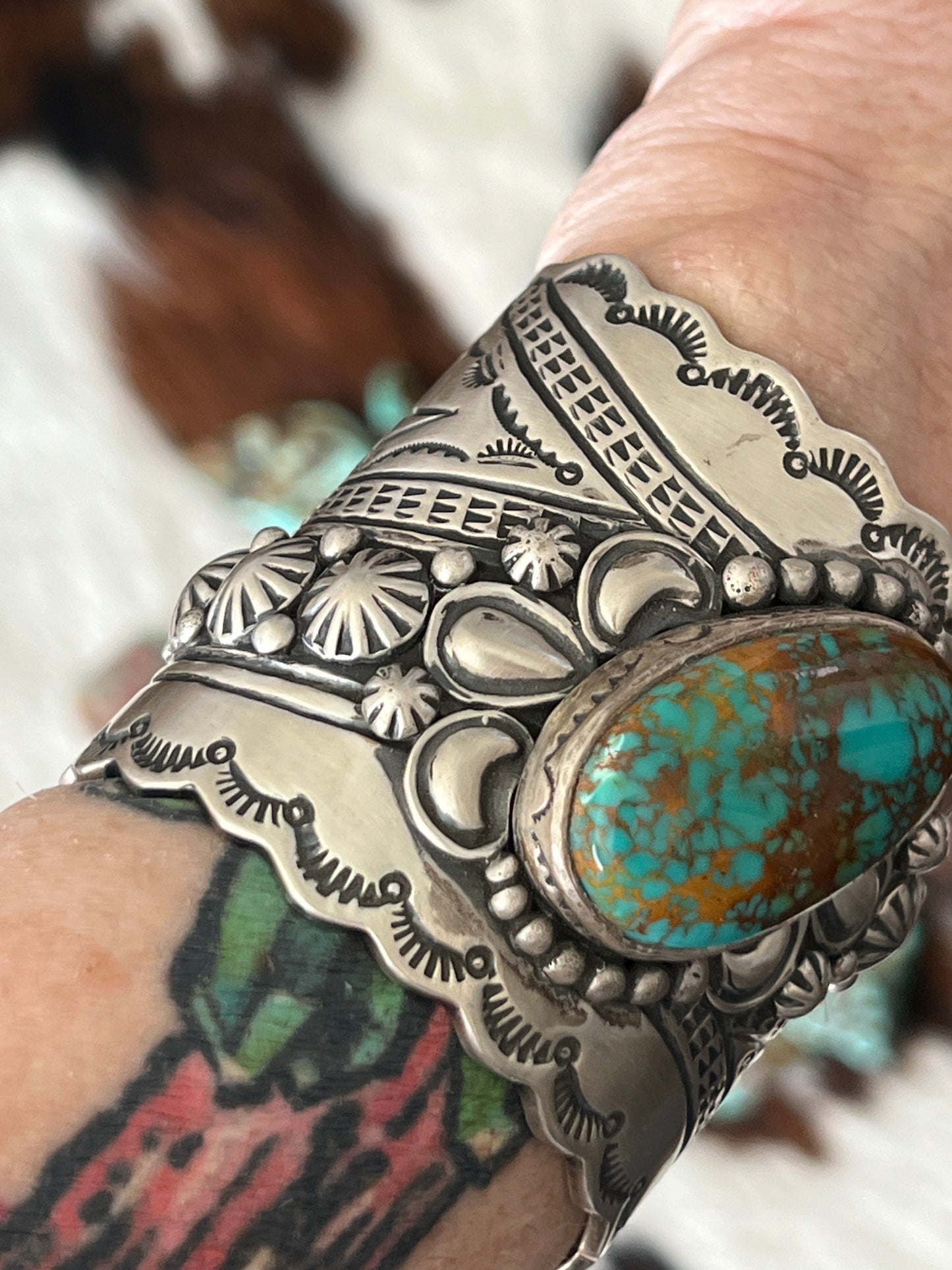 Lorenzo James Hefty Sterling Silver and Kingman Turquoise Hand Stamped Cuff Bracelet